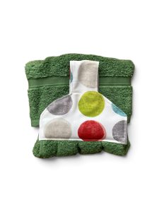 Hand towel to hang on an oven/kitchen or AGA rail. Fastened with a magnetic popper. Towel is grass green. Pattern placing on top varies.
