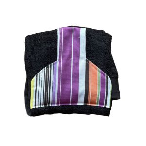 Hand towel to hang on a kitchen or Aga rail. Fastened with magnetic popper. Towel black. Top stipes of purple/orange/white/green/yellow.