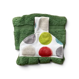 Hand towel to hang on an oven/kitchen or AGA rail. Fastened with a magnetic popper. Towel is grass green. Pattern placing on top varies.